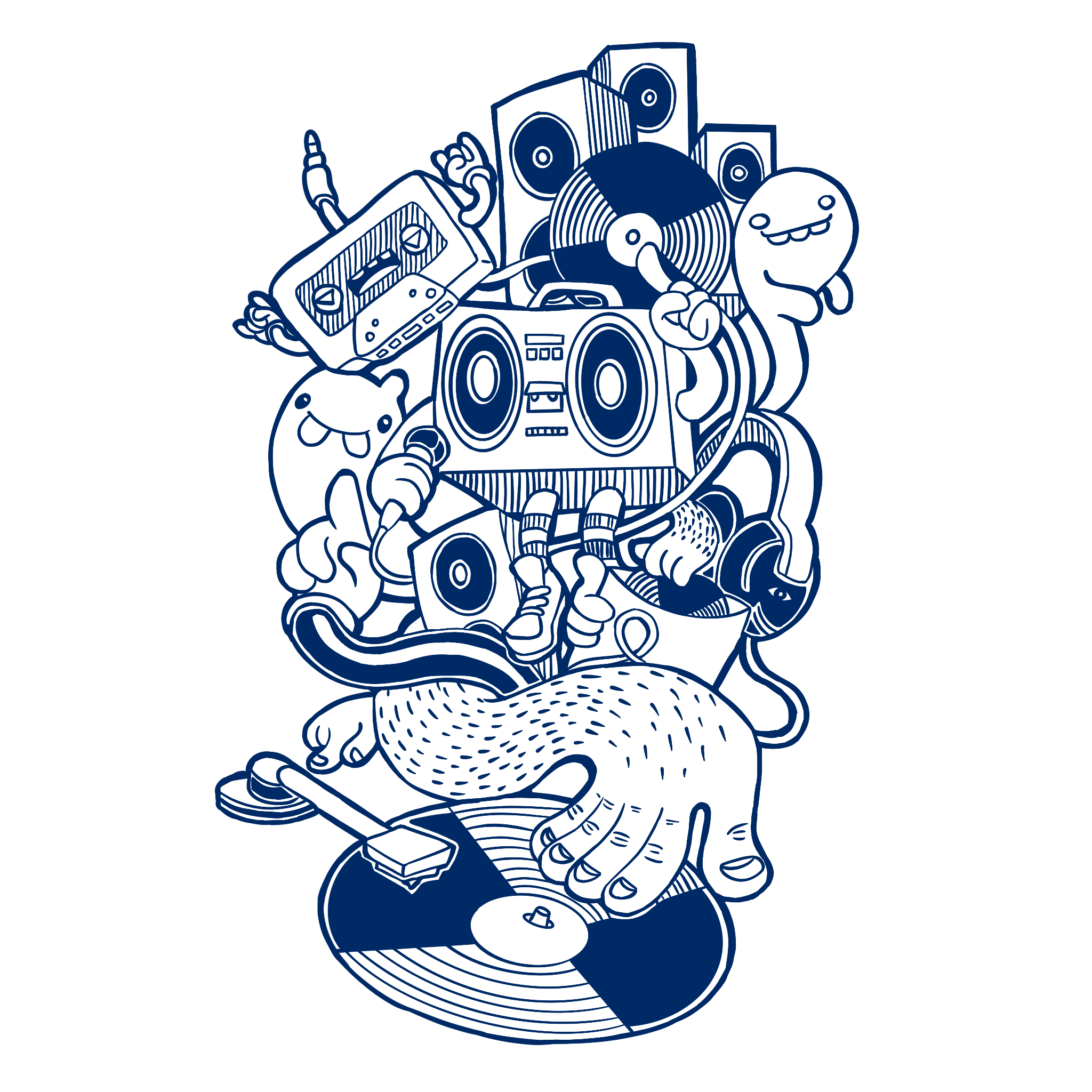 插画7：藏蓝色音箱、磁带、唱片与卡通幽灵