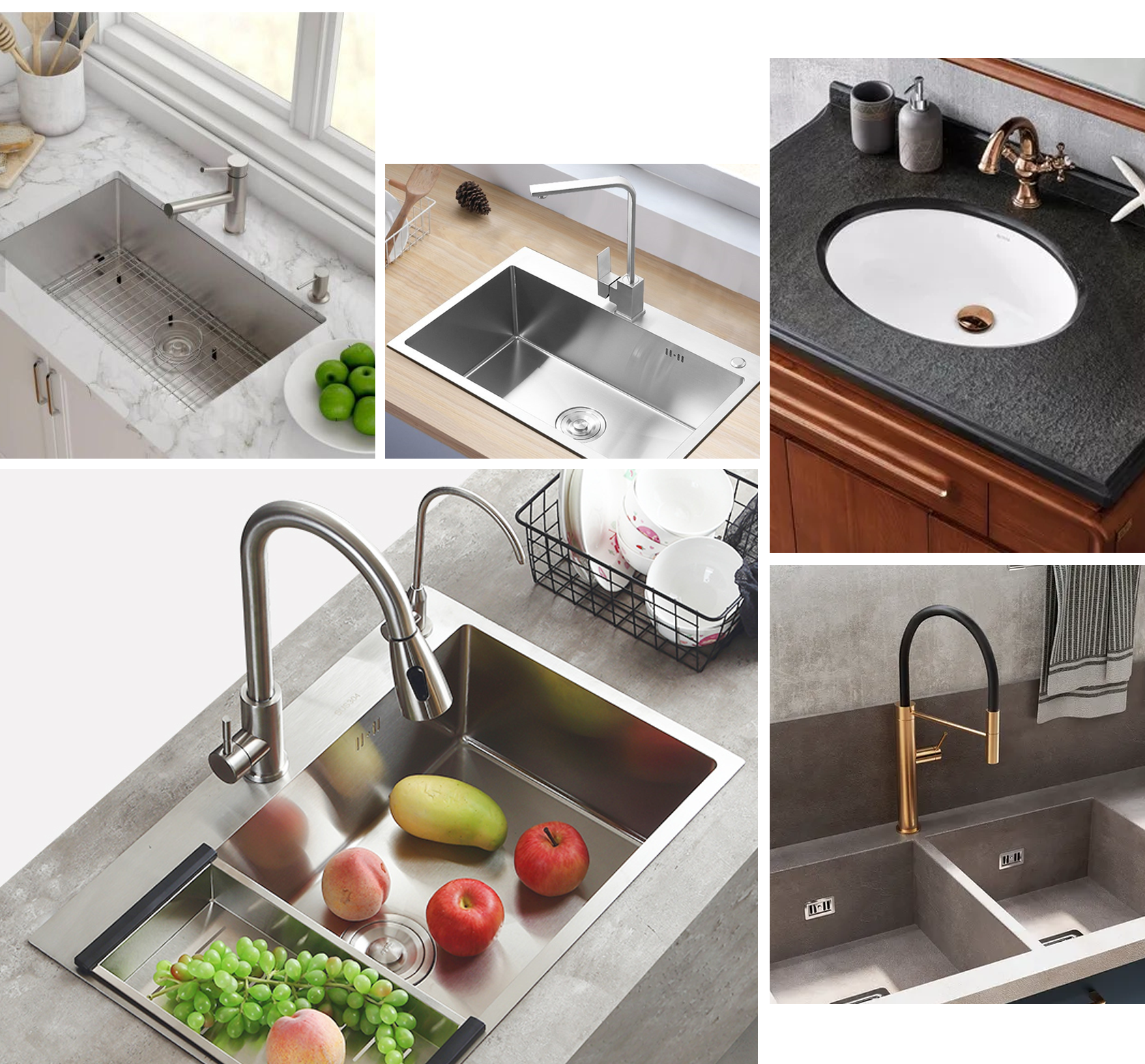 Research collage showing different kitchen and bathroom faucet and sink designs