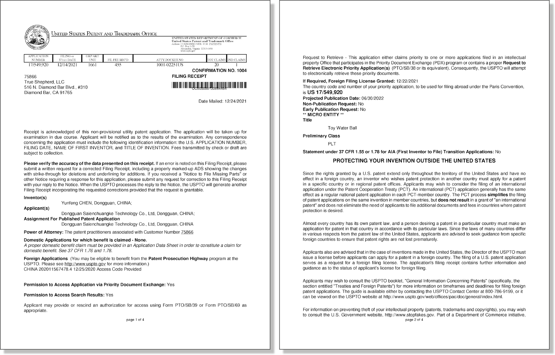 Two pages of the United States patent application filing receipt, application number 17/549,920